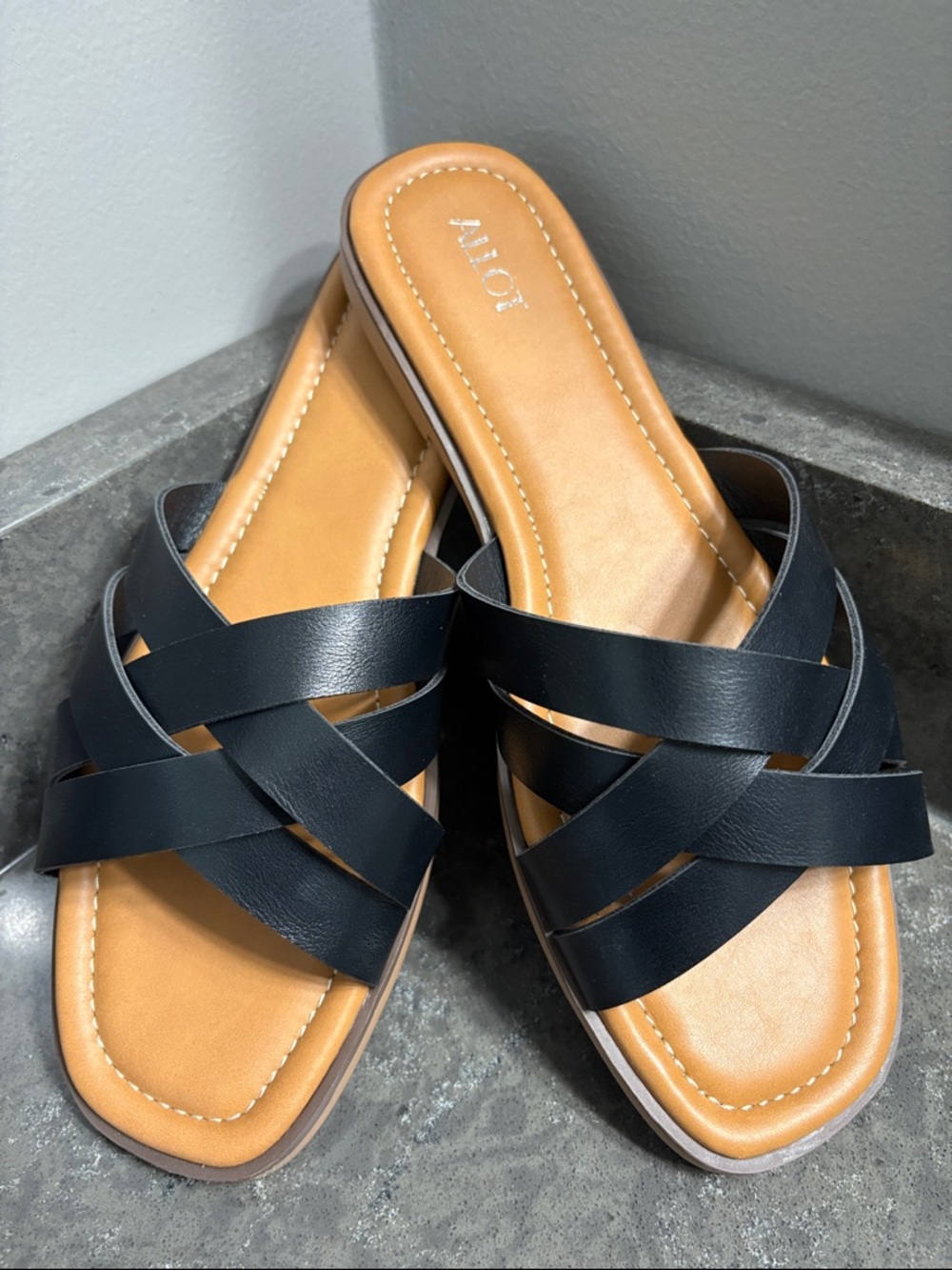 Allot  Black Leather Crisscross Slide Sandals with Tan Footbed